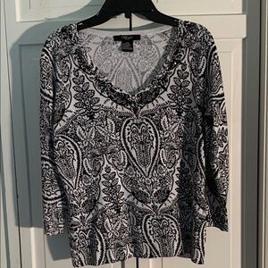 CDP & Co. Black & White 3/4 Sleeve Paisley Print Blouse EUC